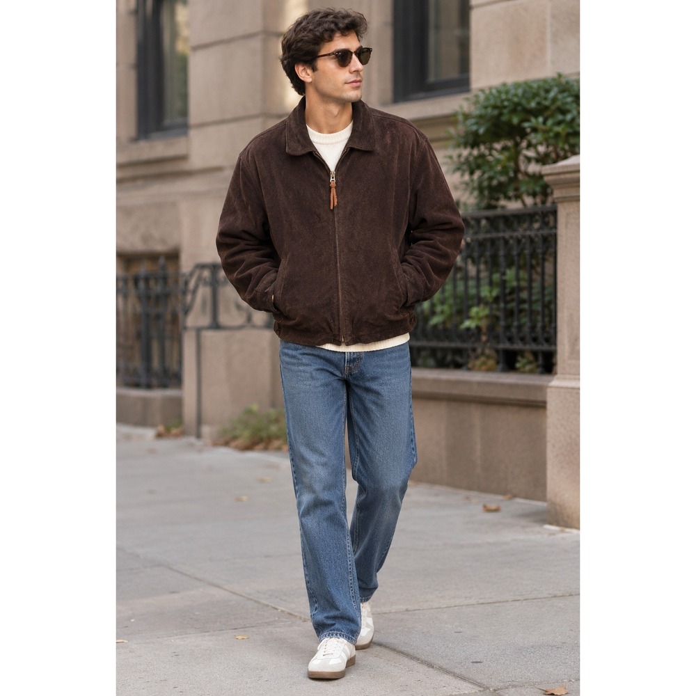 Vtg 90s Tommy Hilfiger Suede Leather Jacket Mens L Brown Bomber Lined Harrington
